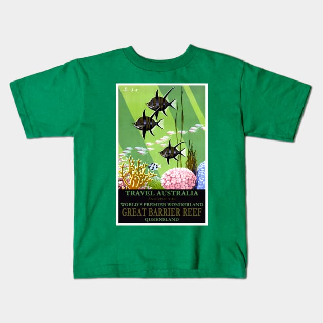 Restored Vintage Visit Australia and the Great Barrier Reef Travel Poster Kids T-Shirt by vintageposterco